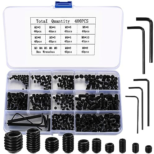 Set Screws Assortment Kit, 400 Pcs M3/M4/M5/M6/M8 Allen Head Hex Socket Grub Screw Set, Black Hex Allen Head Screws with Internal Hex Drive for Door Handles, Light Fixture Screws