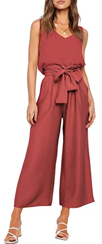 FANCYINN Set 2 Pezzi da Donna: Top Con Scollo a V e Pantaloni Corti a Gamba Larga a Vita Alta Con Cintura - Marrone Rosso XL
