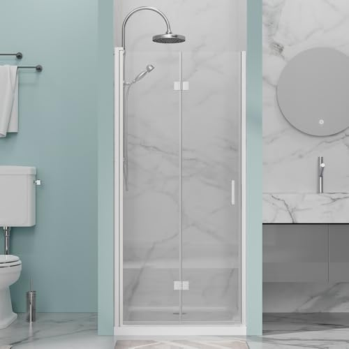 Bathenum 32 in.W x 72 in.H Bifold Frameless Glass Shower Door 1/4” Tempered Clear Glass Pivot Swing Shower Panel in Chrome Finish, Foldable