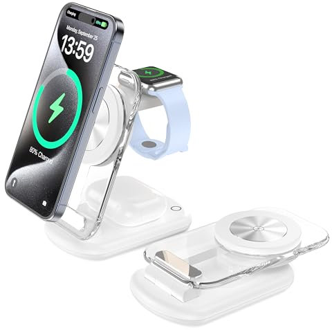 mag Safe - Estación de Carga inalámbrica, Plegable, Cargador inalámbrico Ajustable, luz atmosférica Compatible con iWatch Phone 16/15/14/13 Pro MAX, Color Beige
