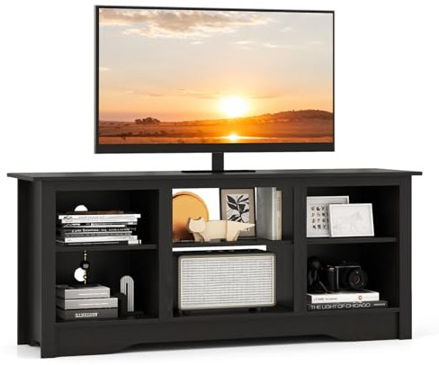 Soporte de madera para TV de 65 pulgadas con estantes ajustables y gestión de cables, mesa consola de TV negra para sala de estar o dormitorio, se adapta a chimenea de 18 pulgadas