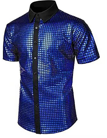 Disco-skjortor för män | Sparkle Sequin Shirts | Skinande metalliska kortärmad skjortor | Glitterskjorta | Slim Fit Button-Down tröjor för nattklubb rock bal hiphop disco partydräkt, BLÅ, XL