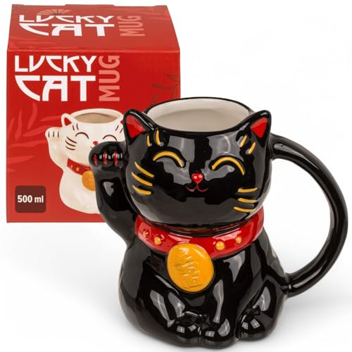 MIJOMA Lucky Cat Becher 500ml – Kaffeetasse aus Dolomit im Maneki-Neko Design – asiatisch inspirierter Keramikbecher für Tee & Kaffee (schwarz)