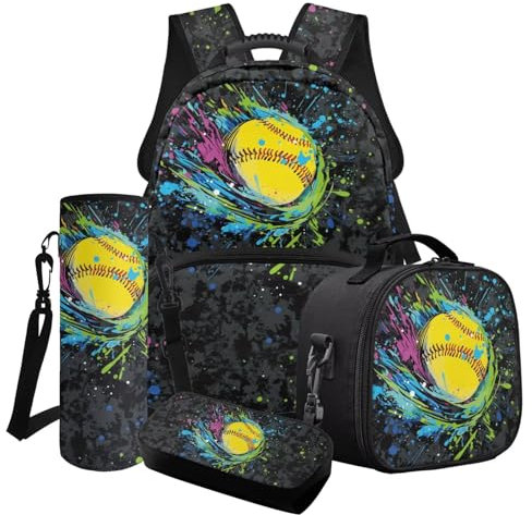 Xoenoiee 4-teiliges Rucksack-Set für Jungen und Mädchen, mit Thermo-Lunch-Tasche und Federmäppchen, Wasserflaschenhalter für Schulbälle, Farbenfroher Softball-Tarnmuster