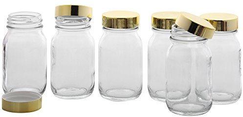 Klarglasflasche m. Kunststoff Deckel, Weithals-Flasche, 100 ml Kosmetex Glasdose aus Klarglas, leer, 6× gold