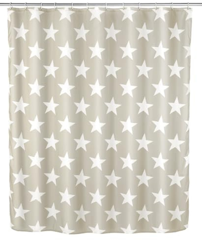 WENKO Anti-Schimmel Duschvorhang Stella Taupe - Anti-Bakteriell, Textil, waschbar, wasserabweisend, schimmelresistent, mit 12 Duschvorhangringen, Polyester, 180 x 200 cm, Taupe, 0 x 200 x 180 cm