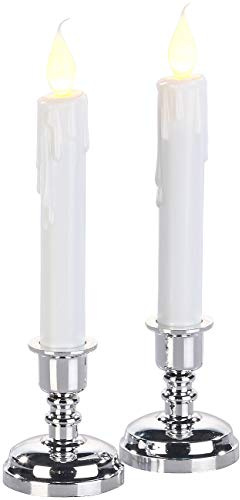 Britesta Stabkerzen mit Batterie: 2er-Set LED-Stabkerzen mit silbernem Kerzenständer, flackernde Flamme (LED Kerzenleuchter Batterie, Kerzenhalter für, Silber)