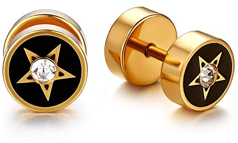 Flongo herrörhängen 8 mm rostfritt stål dam örhängen kronblad kors smile leende blommor lönnblad stjärna tai chi falska pluggar tunnel män piercing skruvlock svart silver guld, Sten