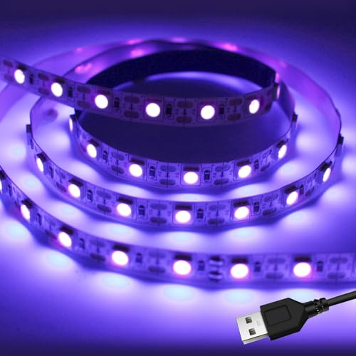 iNextStation UV Black LED Light Strip USB, 2M/6.6ft 5V SMD5050 LEDs 395nm-405nm Blacklight Strip for Fluorescent, 3D Print Curing, Computer Case, UV Poster, UV Body Paint, Room Décor