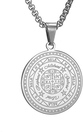 AFSTALR 7 ärkeänglar medalj talisman halsband för män och kvinnor, Salomo pentagram talisman lyckoamuletter och skydd, 55 cm, Rostfritt stål, Det är inte en ädelsten