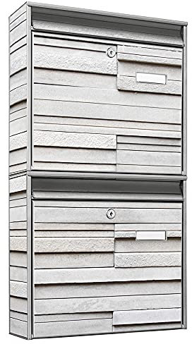 banjado Briefkastenanlage 2 Fach - 2 Briefkästen 36x64x10cm groß - Doppelbriefkasten Set - Namensschild, 2 Schlüssel, Montagematerial - Stahl verzinkt Silber - Motiv Relief