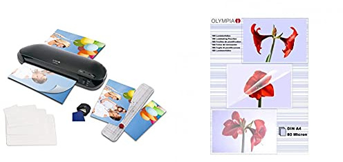 Olympia 3129 Laminierfolien 4-in-1 Set A4-Format Laminator A 230 Plus, Eckenrunder, Trimmer, schwarz & 9166 Laminierfolien, 80 Mic, DIN A4, 100 Stück