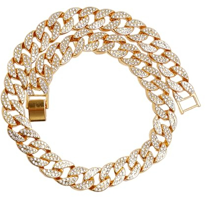 Cuban Link Chain Ice Out Chain Bling Rhinestones Necklace Hip- hop Style Jewelry Stylish Neck Chain 90s Alloy Jewelry Accessory for Rapper, Golden, 50X1.4CM (L6ZEY0D102711LM)