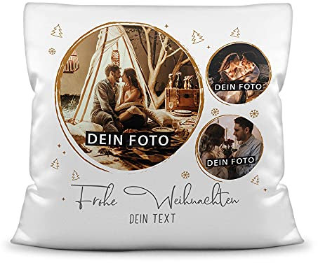 PR Print Royal Weihnachts-Kissen mit Füllung - Frohe Weihnachten - selbst gestalten mit 3 Fotos & Text Familie, Freunde, Merry Christmas I Personalisiert, Kissen Polyester Weiß, 40x40 cm
