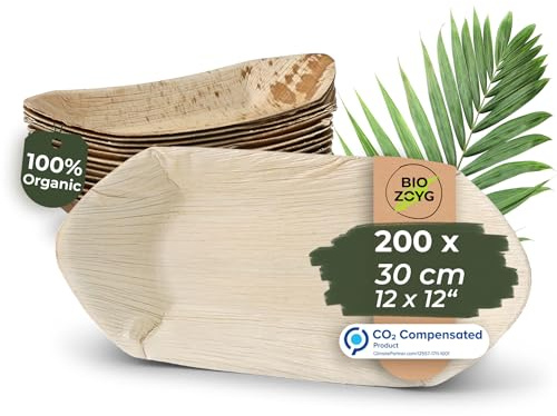 BIOZOYG Palmware - Cuenco hoja de palma para aperitivos I vajilla desechable biodegradable y compostable I cuencos para servir Salsa aperitivos y mas I 200 piezas cuenco fiesta tipo barco 30 cm