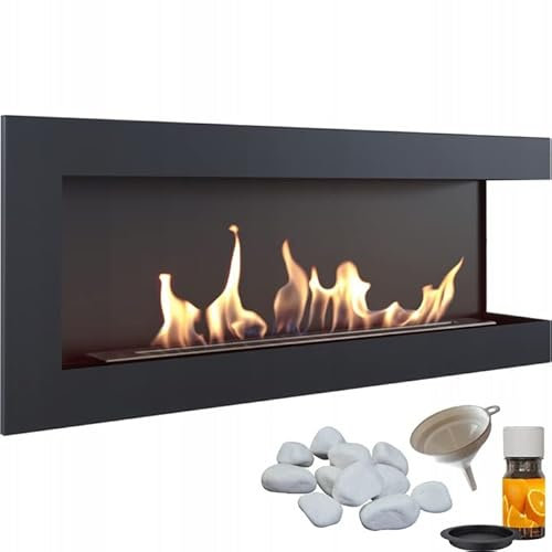KRATKI Delta 1200 Chimenea de Esquina Derecha de bioetanol + Embudo + guijarros + Juego de aromaterapia Montaje en Pared o instalación empotrada l Biocontainer 1,4 l, TÜV Acero, 48 x 120 cm, Negro