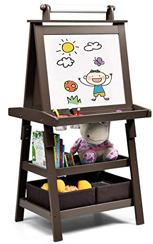 LIFEZEAL 3 in 1 Kindertafel, Staffelei Kinder mit Doppelseitiger Tafel, Standtafel mit 2 Ablageebenen, Whiteboard & Kreidtafel & Papierrolle, Maltafel mit 2 Aufbewahrungsboxen, Magnettisch (Braun)