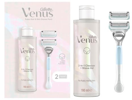 Gillette Venus For Pubic Hair & Skin Women's Razor, 2 Blade Refills and 2in1 Shave Gel and Cleanser 190ml