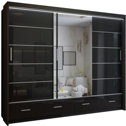 SLIDING WARDROBE 4U Fort High Gloss Free Standing Sliding Mirorr Door Wardrobe (Black, 255cm)