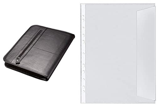 Alassio 30014 - Ringbuchmappe Limone, DIN A4, aus Leder, schwarz, ca. 36 × 28,5 × 4 cm & Veloflex 5340000 - Dokumentenhüllen DIN A4, aus PP 130my, dokumentenecht, transparent farblos, 10er Packung