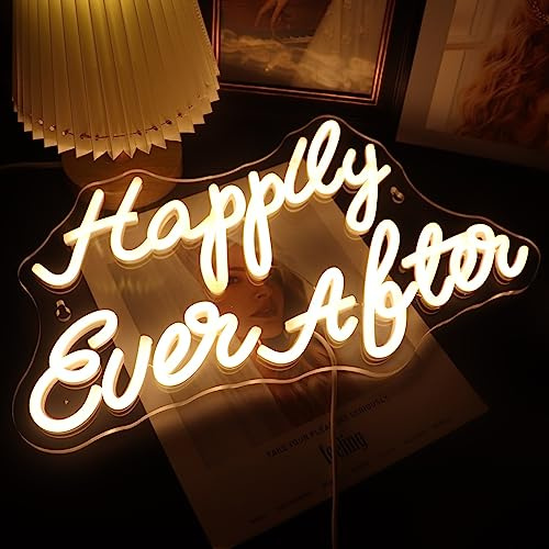 Led Happily Ever After Neon Zeichen USB mit Dimmer Schalter Neon Lichter für Zimmer Home Bar Art Wand Dekor Party Fenster Dekor Hochzeit Verlobung Wand Hängende Dekoration (warm weiß)