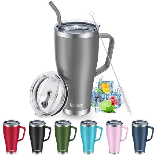KETIEE Thermobecher mit Strohhalm 850ml- Kaffeebecher to go mit 2 Deckeln 30oz Edelstahl Isolierbecher mit Griff Autobecher Trinkbecher Tumbler Kaffeetasse für Heißer und Kalter Getränke, Grau
