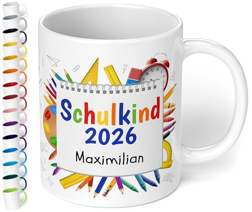 True Statements personalisierte Tasse Schulkind 2026, in Weiß, Geschenk zur Einschulung für Mädchen und Jungen, 330 ml Keramiktasse mit Notizblock, Einschulungsgeschenk 1. Klasse