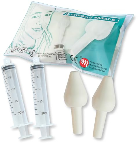 Set irrigatore nasale per LAVAGGIO NASALE, IGIENIZZABILE BY MARCO MALTONI, MADE IN EMILIA-ROMAGNA, 2 OLIVE NASALI GOMMOSE SMALL e 2 SIRINGHE da 20 ml