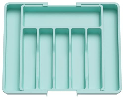 Lifewit Extendable Cutlery Drawer Organiser, Adjustable Cutlery Tray, Plastic Adjustable Kitchen Storage Dividers for Utensil Spoons Forks Knives, 8 Compartments, 33-57 x 38cm, Turquoise