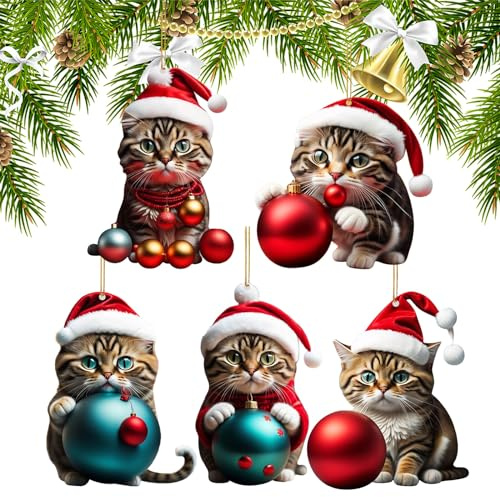 Ellxen 5 Stück Katze Weihnachtsbaum Anhänger,2D Acryl Katze Christbaumschmuck,Weihnachtsschmuck Geschenk,Spaß Weihnachtsanhänger Deko,Weihnachtsschmuck für Veranda,Flur,Büro,Urlaub(5,A)