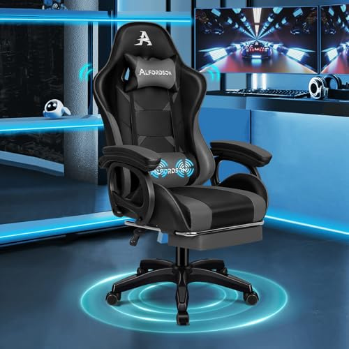 ALFORDSON Gamingstuhl, Bürostuhl, mit 2-Punkt-Massage, Fußstütze, Kopfstütze und Lendenkissen, 150° verstellbare Rückenlehne, PU-Leder, Grau