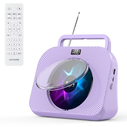 Gueray Lettore CD hifi Lettore CD Bluetooth stereo cd con Altoparlante Copertura Antipolvere Telecomando Musica addormentata e Timer Radio FM Riproduzione USB Schede TF 3,5 mm AUX viola