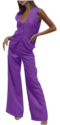 KBOPLEMQ Ensemble gilet et pantalon pour femme avec col en V - Ensemble 2 pièces - Élégant - Col en V - Sans manches - Blazer et pantalon - 2 pièces - Tenue en lin - Streetwear, lilas, L