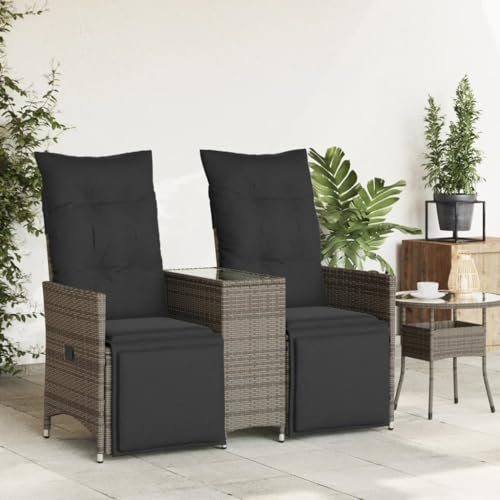 Homgoday Gartensofa 2-Sitzer Verstellbar mit Tisch Gartensessel Verstellbare Rückenlehne Liegestühle Balkonstuhl Gartenstühle Gartenmöbel Sitzgruppe für Garten Terrasse Grau Poly Rattan