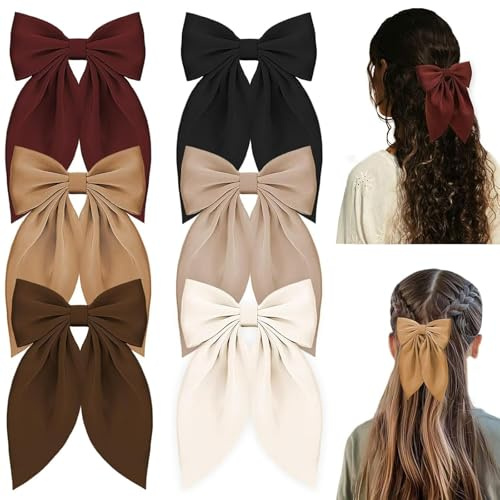 Officentra 6PCS Silky Satin Hair Bows for Women, Hair Bows for Girls,Best Hair Clip Gifts for Women and Girls