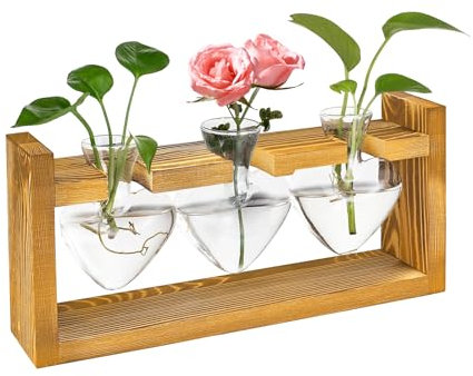 Glass Plant Propagation Station - Heart Shaped Vase with Vintage Wooden Stand, Hydroponics Plants Propagation Glass Terrarium for Desk Decor 0717