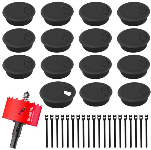 PIWOSGOL 15 pièces Passe câbles Bureau 60 mm, Passe-câbles Table Ronde avec 1 Scie Cloche, Passe-Câbles de Bureau Table pour Bureaux de Table, Noir