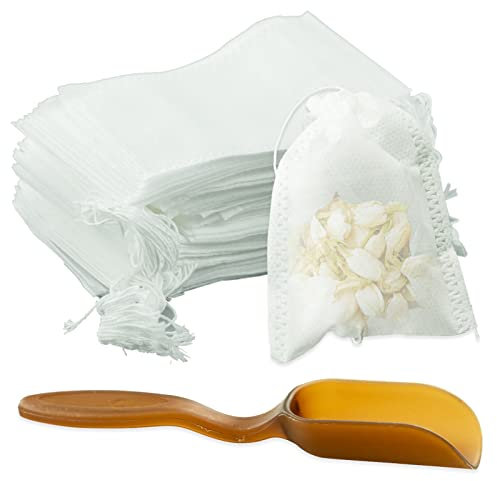 300 Pcs Disposable Tea Filter Bags, 6.94x9.05cm Drawstring Seal Filter Tea Bags Empty Tea Infusers Bags with Plastic Tea Shovel for Loose Tea and Coffee, White, 2.73 x 3.56 inch