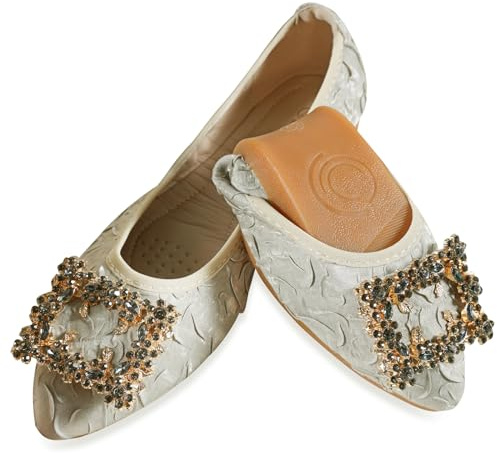 YOUNIFIZ Ballerines plates à bout pointu pour femme - Chaussures de mariage pliables scintillantes confortables à enfiler, abricot, 39 EU