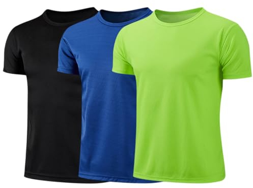 RUNQHUI Set med 3 T-shirt för barn pojke flicka t-shirt snabbtorkande topp kortärmad rund hals sport ledig 3–16 år, Svart & kunglig blå & fluorescerande grön, 12-13 ans