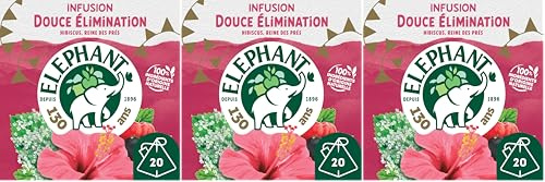 Elephant, Infusion Douce Elimination, Goût Reine des Prés, Hibiscus et Cassis, Ingrédients d'Origine 100% Naturelle, 20 Sachets Pyramid (Lot de 3)