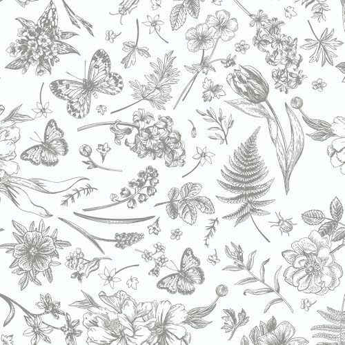 LiKiLiKi Graue und Beige Klebefolie Vintage Blumentapete 44x1000cm Selbstklebende Tapete Blumen und Schmetterlinge Mustertapete Vinyl Abwaschbare Möbelfolie für Badezimmer Wohnzimmer Schlafzimmer