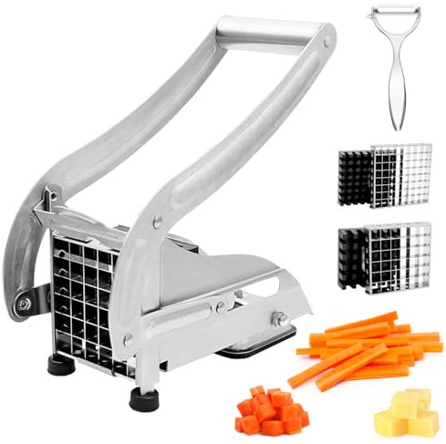 HALNYHYFD Coupe-frites en acier inoxydable avec design antidérapant - 2 lames en acier inoxydable et 1 éplucheur pour trancher sans effort les pommes de terre et les légumes
