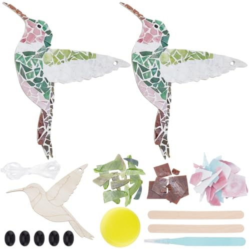WEBEEDY 2 Set Kolibri Mosaikfliesen Set Für Erwachsene 15cm Niedliches Vogelglasmosaik Untersetzer Set Mit Holzsockel Wanddekoration Geburtstagsgeschenk Heimtextilien