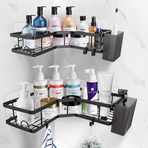 HONZUEN Estanteria Baño Sin Taladro Estantería Ducha Sin Taladro - 2 Piezas Estanteria Esquinera de Acero Inoxidable Negro, Organizador Baño de Gran Capacidad, Accesorios Baño Sin Taladro