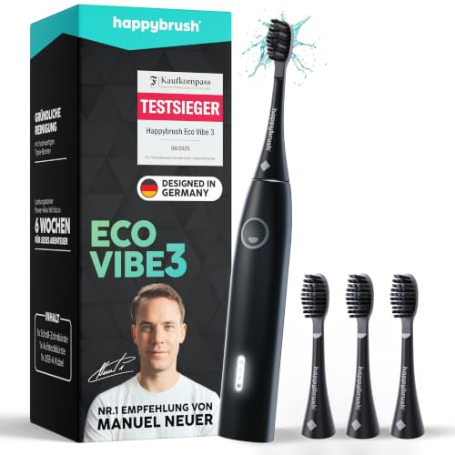happybrush® Schallzahnbürste Eco Vibe 3 – TESTSIEGER – 100 Tage testen - Elektrische Zahnbürste mit 8 Wochen Power Akku – Ultraschall Zahnbürsten – 2 Jahre Garantie - Set mit Aufsteckbürsten - Black