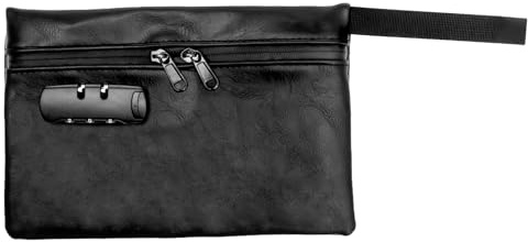 Wasserdichte Geldtasche, Dokumententasche aus Leder, abschließbar, 24,5 × 16,5 × 3 cm, langlebige Banktasche mit Reißverschluss für Bargeld, Pool, Strand, Bank, Reisepass, Schwarz , Verschlossene