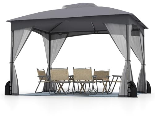 COSTWAY Carpa Plegable 3,65x3m, Pop up, Pergola de Jardin con Paredes de Malla, Dosel de Techo Doble, Puertas con Cremallera, Estructura de Metal, Cenador Pabellón Jardin Exterior (Gris)