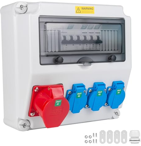 PJERJZN High Current Distributor Construction Power Distributor 5-Pin Schuk Socket CEE Socket Sub-Distribution [FI/LS] VDE Certified for Construction Sites / Industry (1X16A 3X16A LS)
