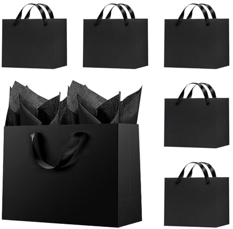 Offizon 6 Pcs Black Gift Bags, 8.7x3.9x7.1inch Paper Bag with Black Tissue Paper for Christmas, Party Favor, Birthdays and Holidays (22x10x18cm)